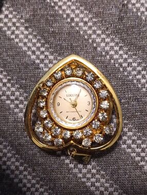 Lucerne Gold Tone Heart Vintage Watch Brooch with Rhinestones